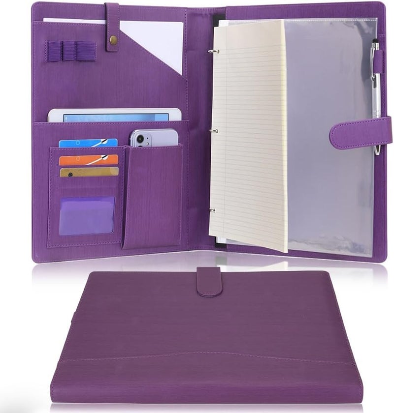 WONDERPOOL A4 PU Leather Portfolio Holder Ring File Document Case with Removable Binder Clipboard, Multi Pocket and Legal Pad for Business Organizer Interview and Meeting (Purple) - Image 1